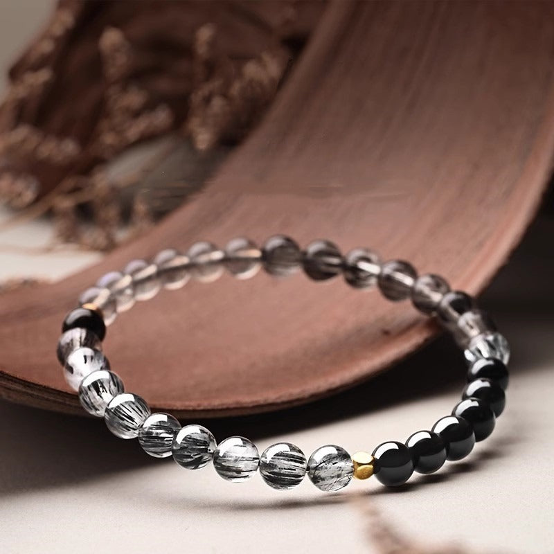 The Midnight Eclipse - Natural Black Rutilated Quartz & Moonstone Bracelet for Strategic Protection & Clarity