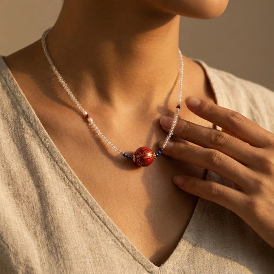 The Celestial Orb - Hand-Lacquered Sacred Bead & Gemstone Harmony Necklace for Protection & New Beginnings