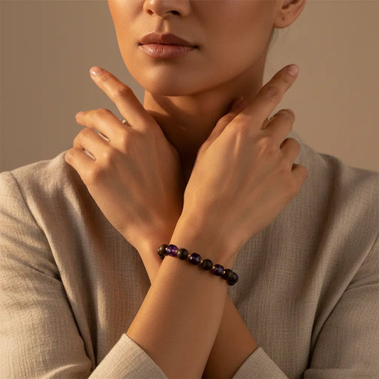 The Royal Stillness - Natural Aged Nanmu Wood & Faceted Amethyst Bracelet for Intuition & Calm