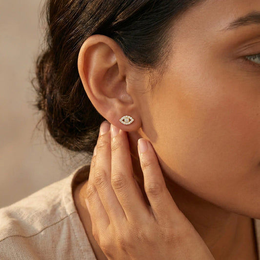 The Celestial Watcher - Dainty Evil Eye Stud Earrings for Energetic Protection & Clarity
