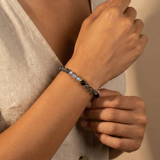 The Midnight Eclipse - Natural Black Rutilated Quartz & Moonstone Bracelet for Strategic Protection & Clarity