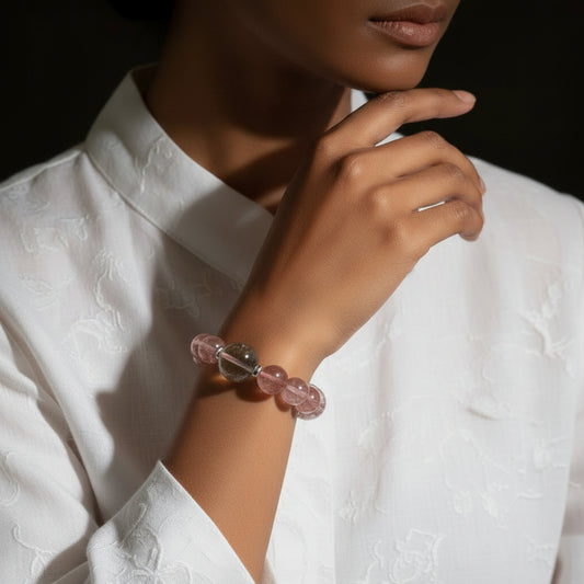 The Harmonious Ambition - Strawberry Quartz & Green Phantom Bracelet for Wealth & Charisma