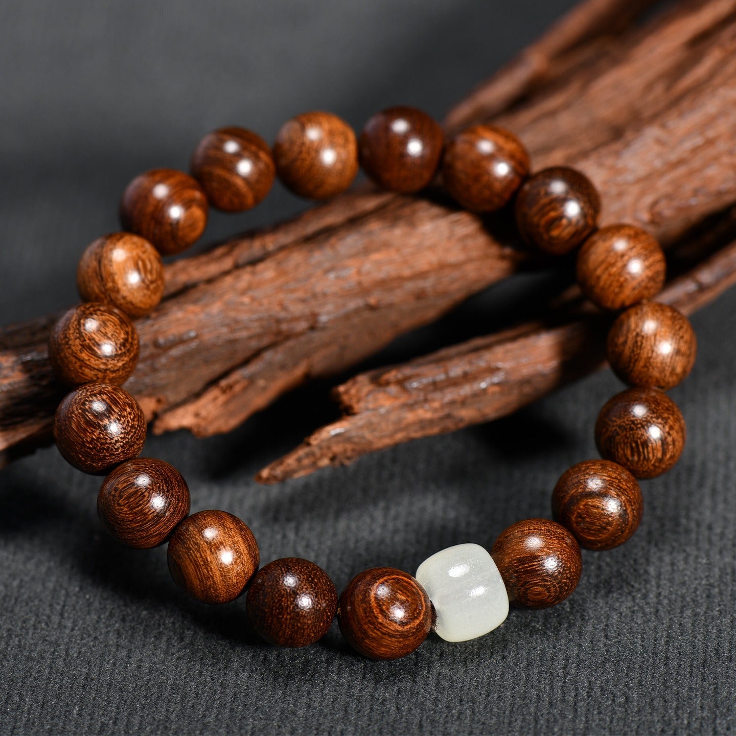 The Lunar Anchor - Natural High-Density Wood & White Jade Bracelet for Peace & Purity