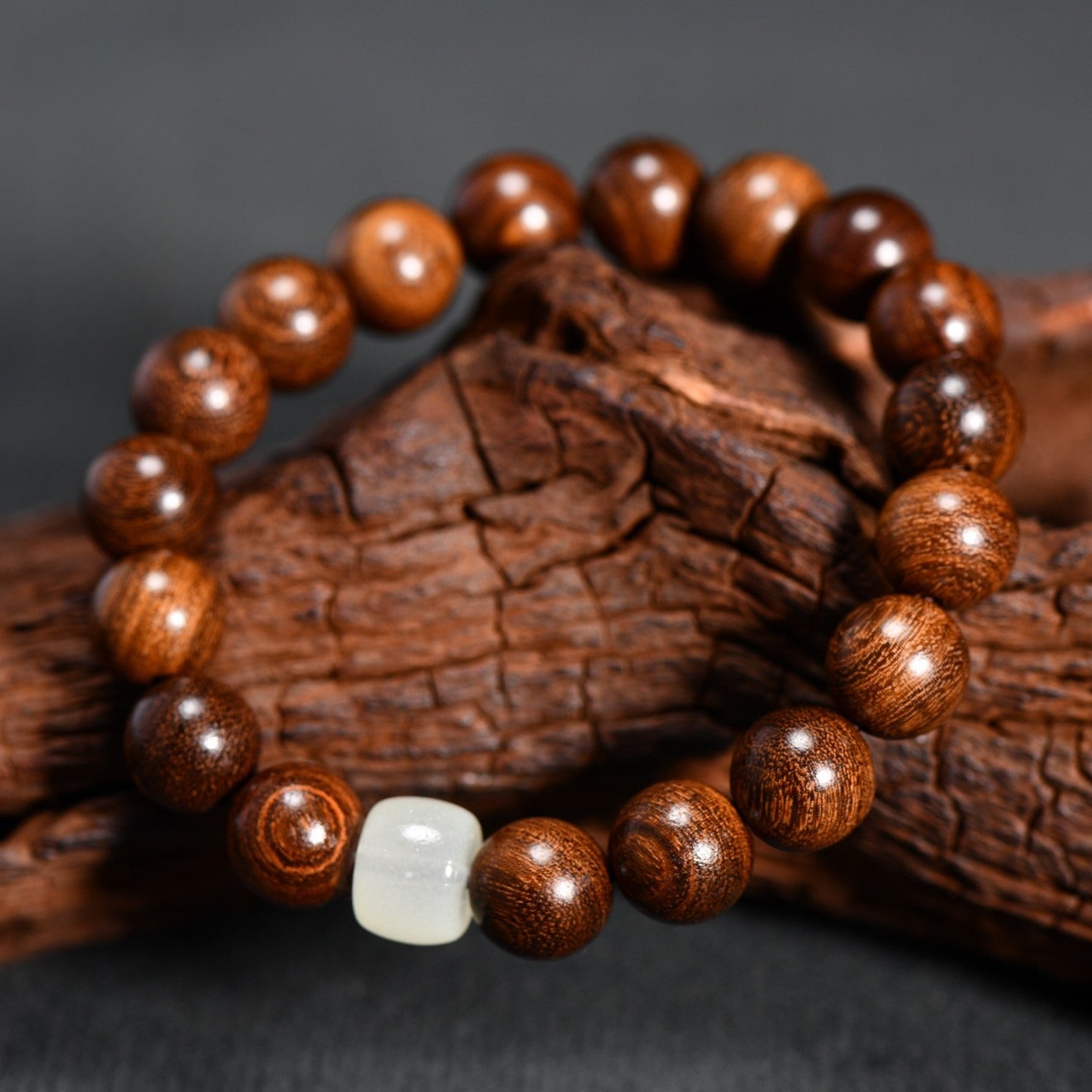 The Lunar Anchor - Natural High-Density Wood & White Jade Bracelet for Peace & Purity