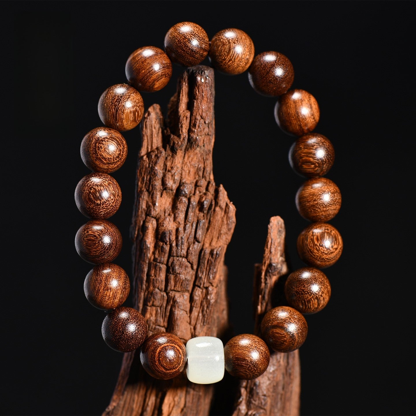 The Lunar Anchor - Natural High-Density Wood & White Jade Bracelet for Peace & Purity