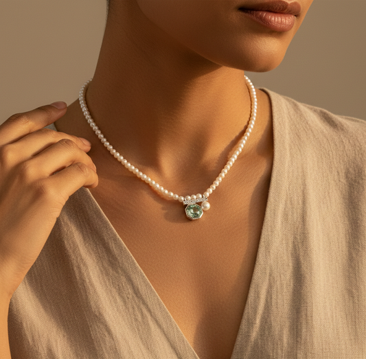 The Emerald Horizon - Octagonal Green Crystal & Pearl Necklace for Abundance & Grace