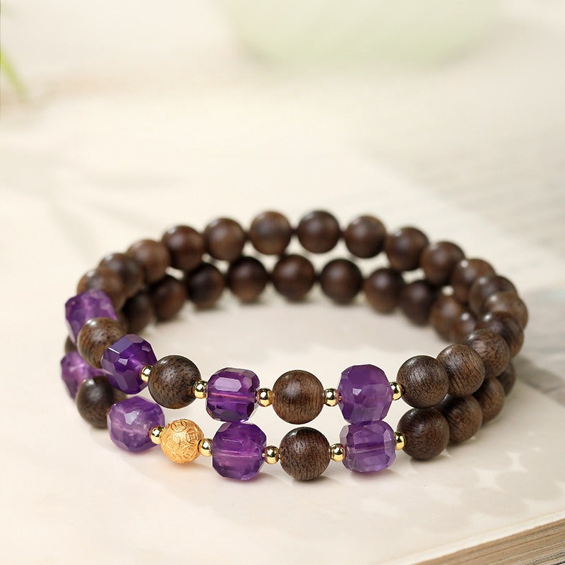 The Royal Stillness - Natural Aged Nanmu Wood & Faceted Amethyst Bracelet for Intuition & Calm