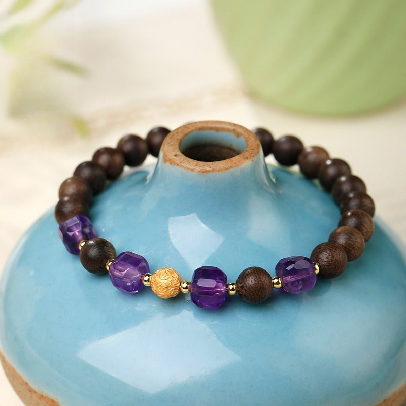 The Royal Stillness - Natural Aged Nanmu Wood & Faceted Amethyst Bracelet for Intuition & Calm