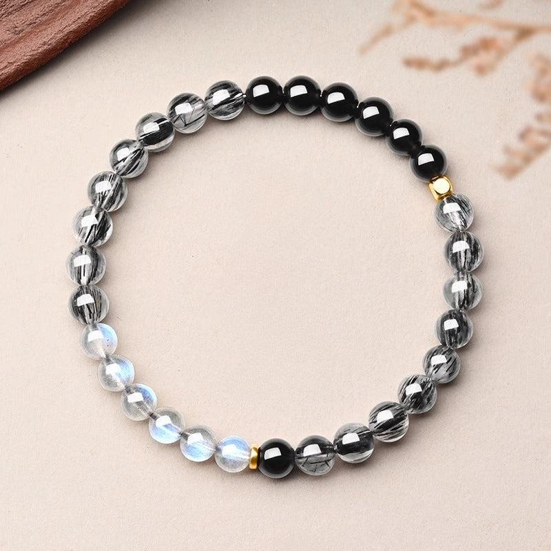 The Midnight Eclipse - Natural Black Rutilated Quartz & Moonstone Bracelet for Strategic Protection & Clarity