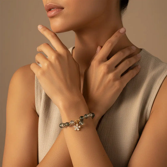 The Verdant Sakura - Natural Green Phantom Quartz & Cherry Blossom Bracelet for Career Success & Renewal