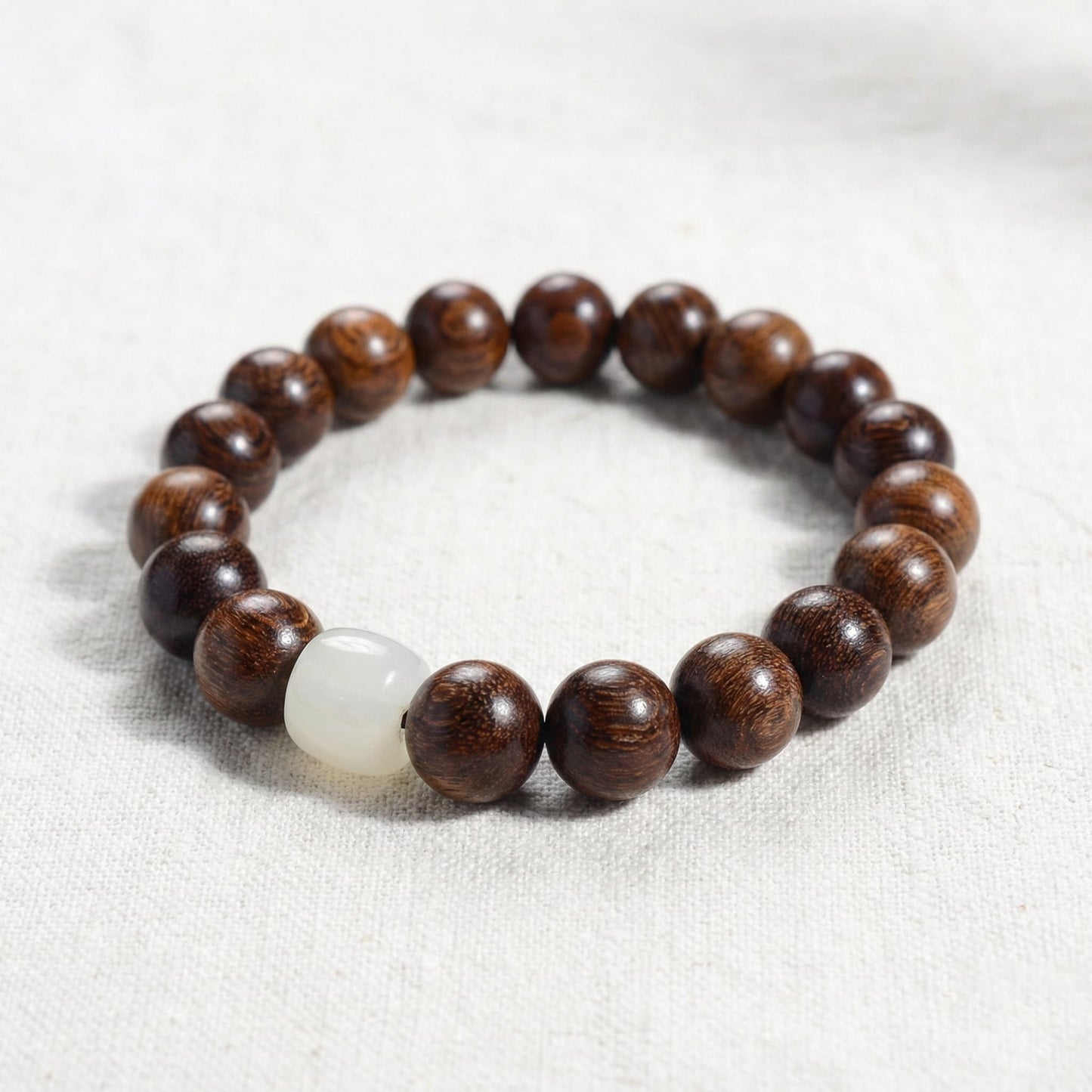 The Lunar Anchor - Natural High-Density Wood & White Jade Bracelet for Peace & Purity