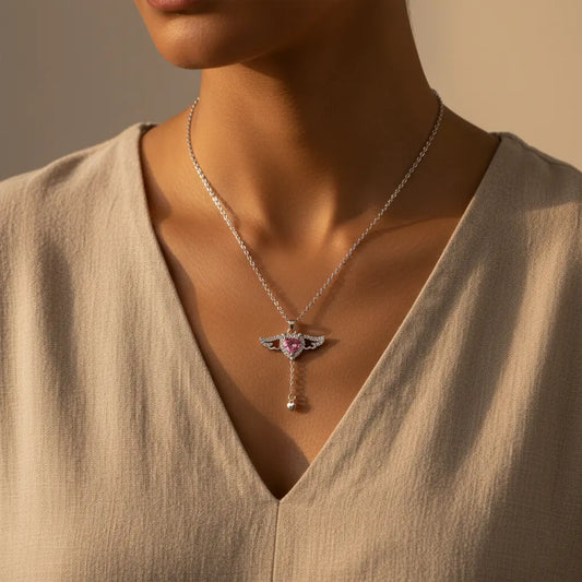 Winged Pink Crystal Necklace for Self-Love & Divine Protection