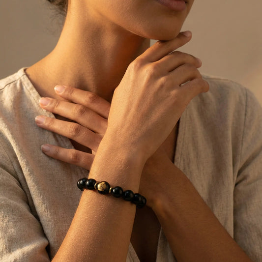 The Guardian's Shield - Black Obsidian & Mantra Bead Bracelet