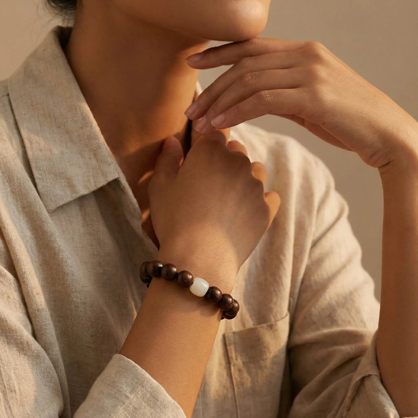 The Lunar Anchor - Natural High-Density Wood & White Jade Bracelet for Peace & Purity