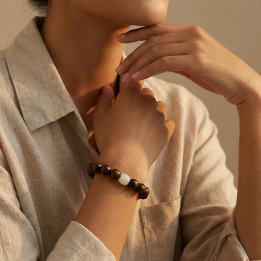 The Lunar Anchor - Natural High-Density Wood & White Jade Bracelet for Peace & Purity