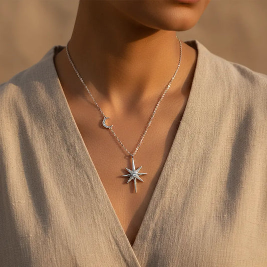 The Celestial Navigator - 925 Sterling Silver North Star & Crescent Moon Necklace for Guidance & Alignment