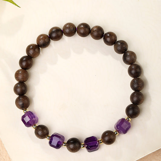 The Royal Stillness - Natural Aged Nanmu Wood & Faceted Amethyst Bracelet for Intuition & Calm