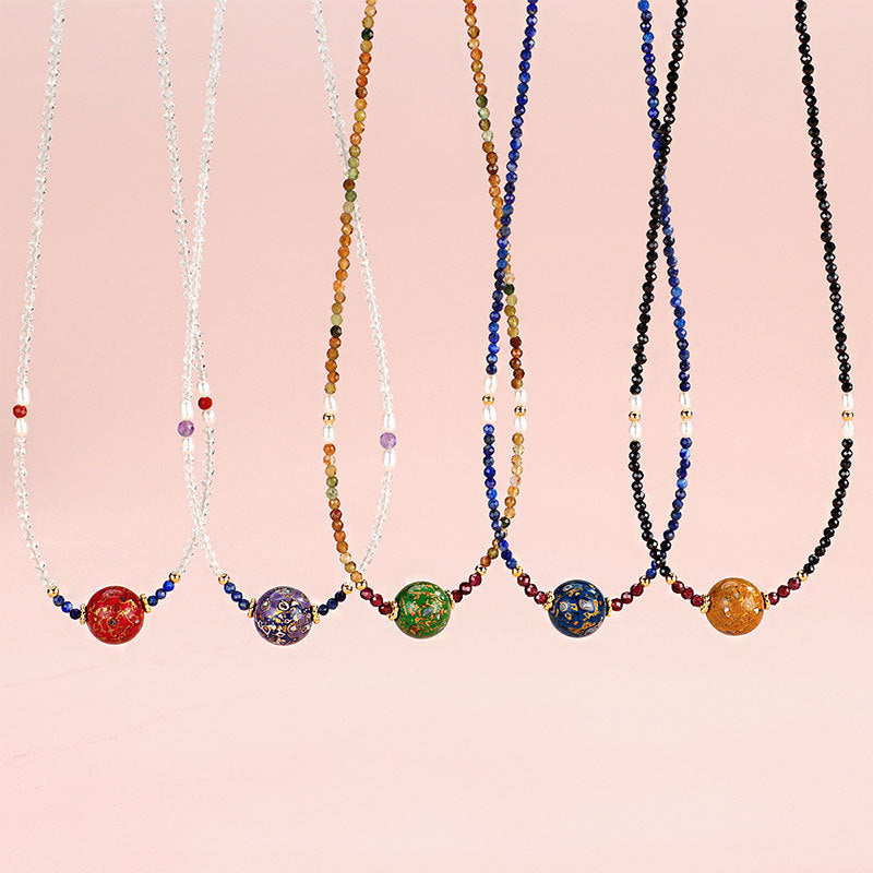 The Celestial Orb - Hand-Lacquered Sacred Bead & Gemstone Harmony Necklace for Protection & New Beginnings