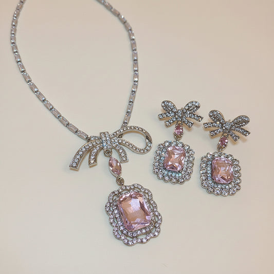 The Ribbon of Radiance - Cubic Zirconia Bow & Emerald-Cut Crystal Jewelry Set for Self-Love