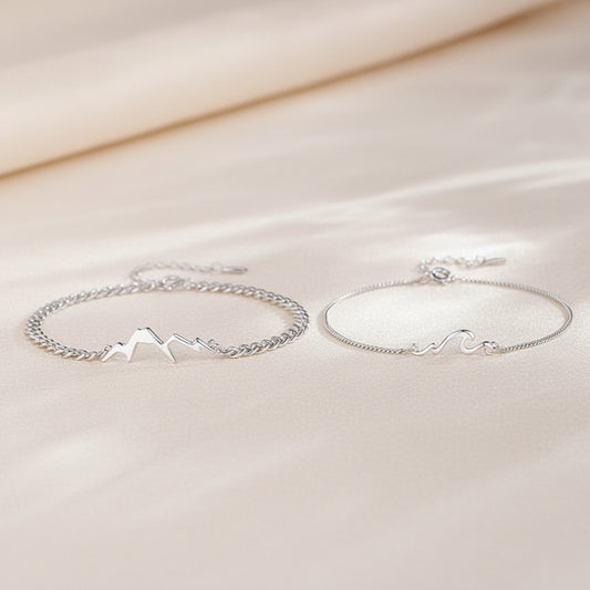 The Eternal Vow - Sterling Silver Mountain & Sea Couple’s Bracelet Set for Connection & Loyalty