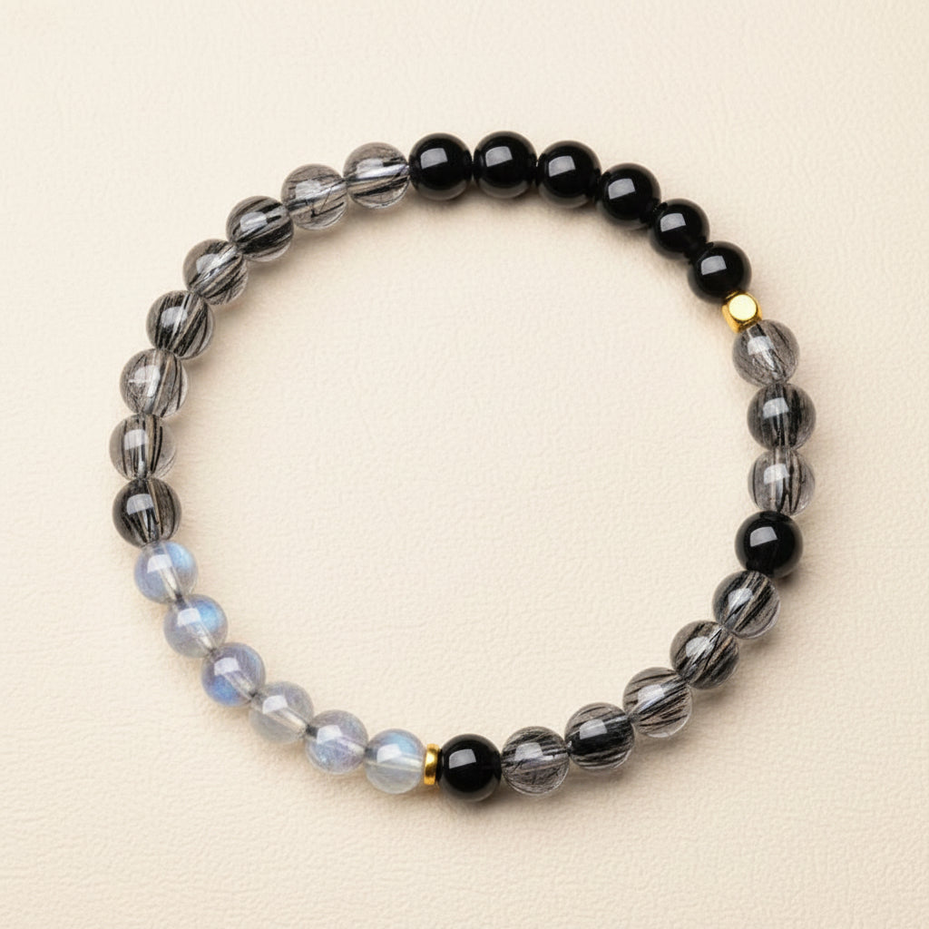 The Midnight Eclipse - Natural Black Rutilated Quartz & Moonstone Bracelet for Strategic Protection & Clarity