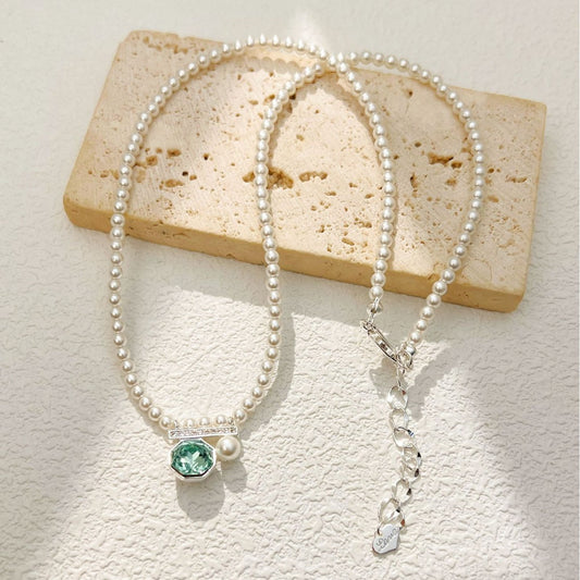 The Emerald Horizon - Octagonal Green Crystal & Pearl Necklace for Abundance & Grace