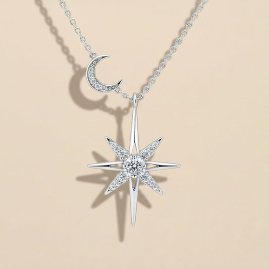The Celestial Navigator - 925 Sterling Silver North Star & Crescent Moon Necklace for Guidance & Alignment